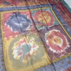 Vintage 100% Silk Scarf Art Of Silk fromTie Rack Tie Dye Watercolor Gold Accents
